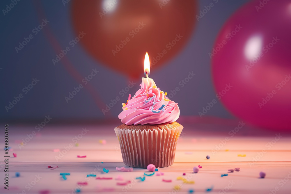 Generative AI. Birthday - Cupcake With Candle And Pink Decoration