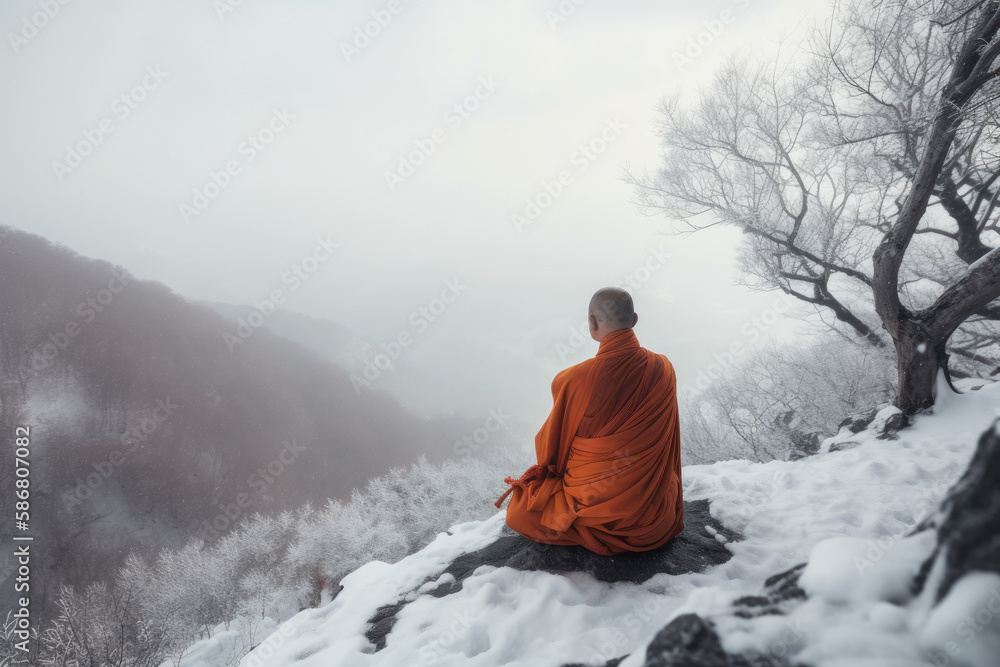  a Buddhist monk meditating on mountain top, generative Ai