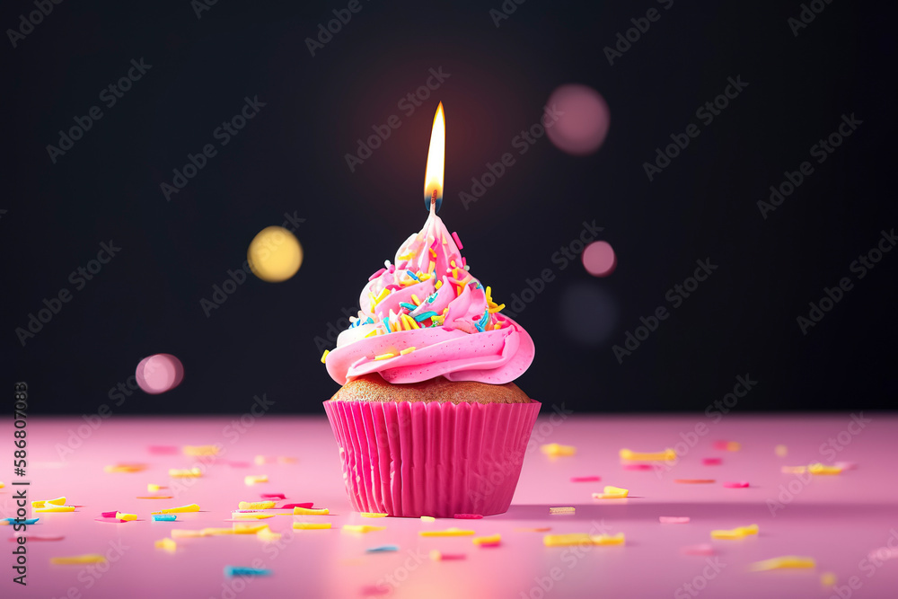 Generative AI. Birthday - Cupcake With Candle And Pink Decoration
