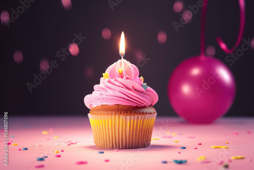 Generative AI. Birthday - Cupcake With Candle And Pink Decoration © Fernando