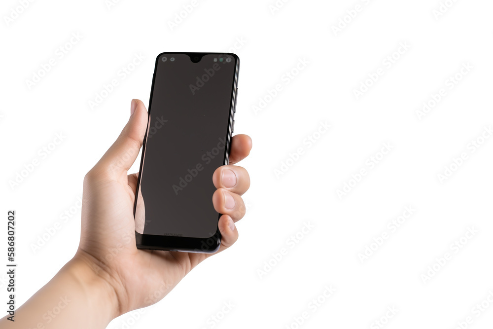 Hand holding smartphone with blank screen, isolated on transparent background. PNG. digital art Hand holding smartphone with blank screen, isolated on transparent background. PNG. digital art