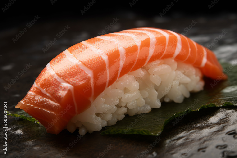 Nigiri sushi: a piece of sushi rice topped with a slice of salmon. Ai generated. Nigiri sushi: a piece of sushi rice topped with a slice of salmon. Ai generated.