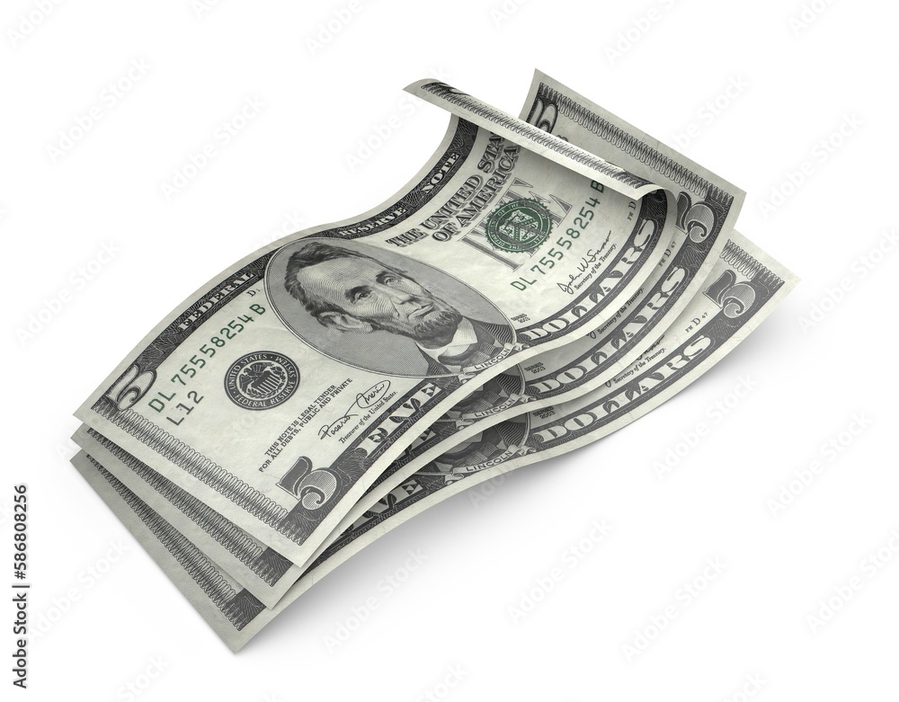 3d Five dollar banknotes isolated on white background and ambient occlusion 3d Five dollar banknotes isolated on white background and ambient occlusion
