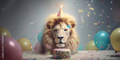 Generative AI. portrait of a lion at his birthday party is wearing a party hat and has a wild cake with candles.