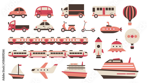 乗り物のイラストセット レトロ＆フラット（赤）