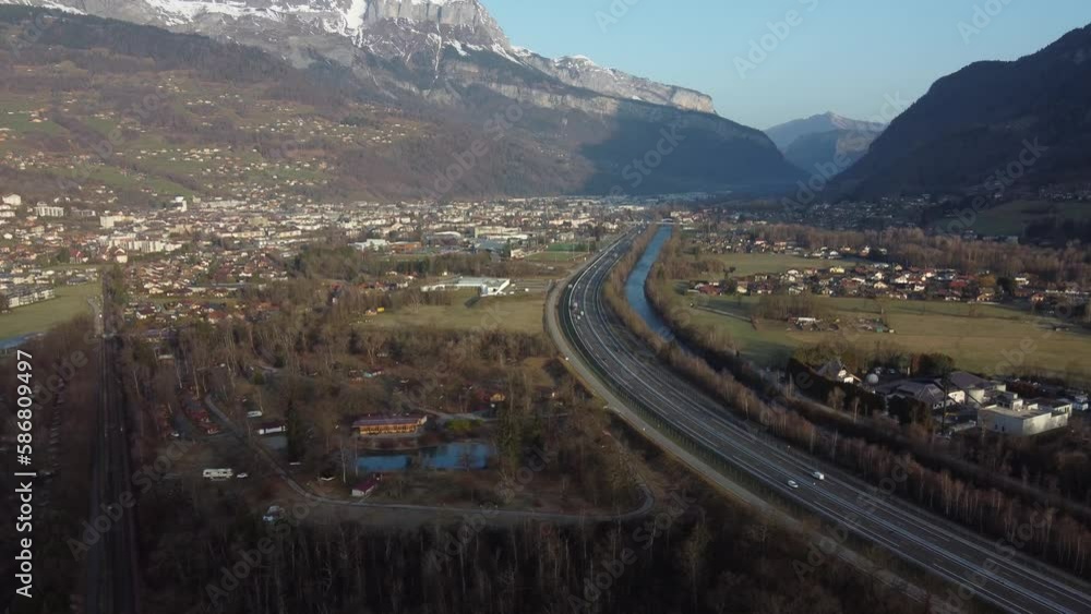 Aerial approach to the town of Sallanches in Haute Savoie, France. Nice valley in the Alps. Aerial approach to the town of Sallanches in Haute Savoie, France. Nice valley in the Alps.