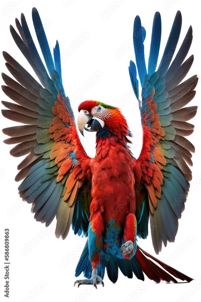 Fototapeta premium a jungle-themed photographic illustration of a blue green and orange macaw parrot in mid-flight on a transparent background in PNG. 