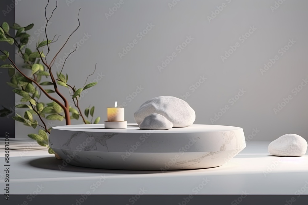 minimalist white table with a candle and natural stone decor. Generative AI
