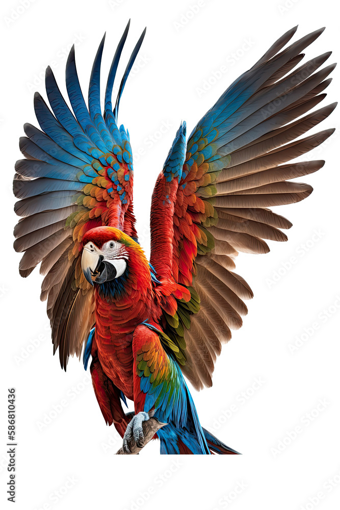 Fototapeta premium a jungle-themed photographic illustration of a blue green and orange macaw parrot in mid-flight on a transparent background in PNG. 