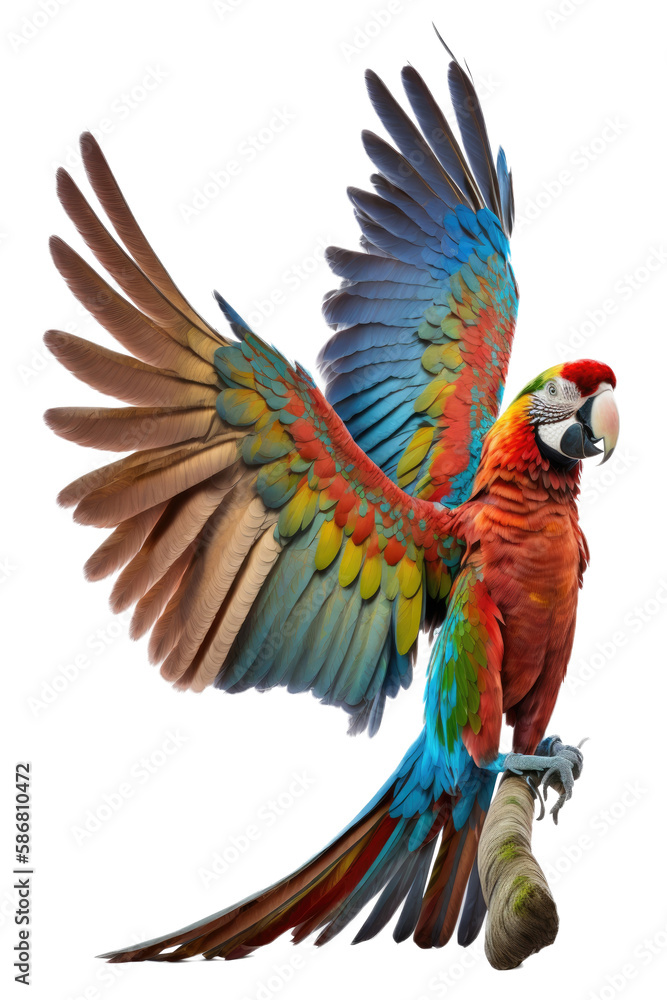Obraz premium a jungle-themed photographic illustration of a blue green and orange macaw parrot in mid-flight on a transparent background in PNG. 