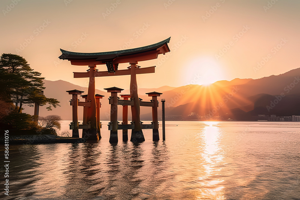 photography of Miyajima japan at sunset. Generative AI photography of Miyajima japan at sunset. Generative AI