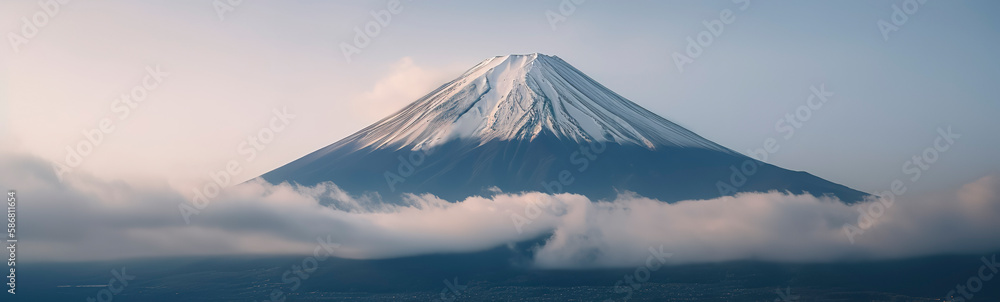 Mount Fuji enshrouded in clouds with clear sky from lake kawaguchi, Yamanashi, Japan. Generative AI Mount Fuji enshrouded in clouds with clear sky from lake kawaguchi, Yamanashi, Japan. Generative AI