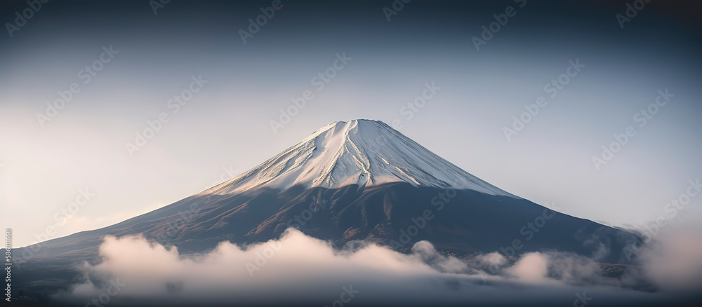 Mount Fuji enshrouded in clouds with clear sky from lake kawaguchi, Yamanashi, Japan. Generative AI Mount Fuji enshrouded in clouds with clear sky from lake kawaguchi, Yamanashi, Japan. Generative AI