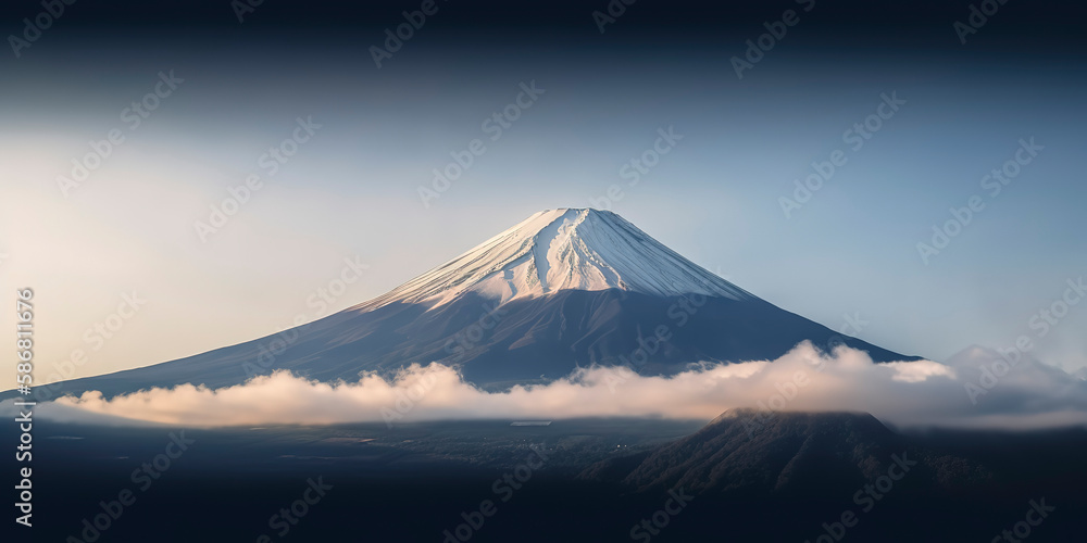 Fototapeta premium Mount Fuji enshrouded in clouds with clear sky from lake kawaguchi, Yamanashi, Japan. Generative AI
