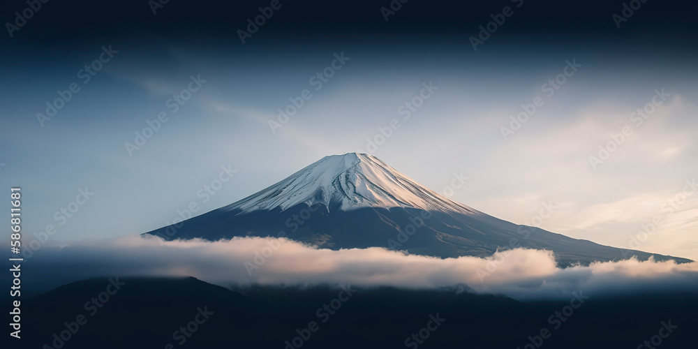 Mount Fuji enshrouded in clouds with clear sky from lake kawaguchi, Yamanashi, Japan. Generative AI