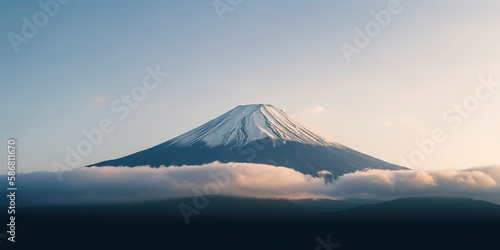 Mount Fuji enshrouded in clouds with clear sky from lake kawaguchi, Yamanashi, Japan. Generative AI © Fernando