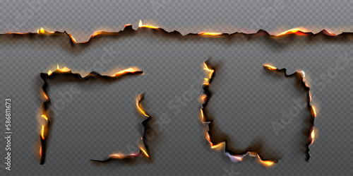 Burn edge paper hole corner vector effect set on transparent background. Isolated realistic fire and ash texture border for burnt page. Scorched flammable template illustration for mockup.