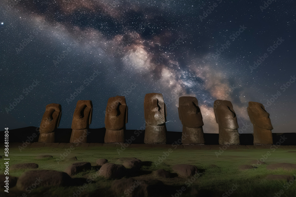 Mysterious Maori Statues under the Milky Way Galaxy on Easter Island. Generative AI
