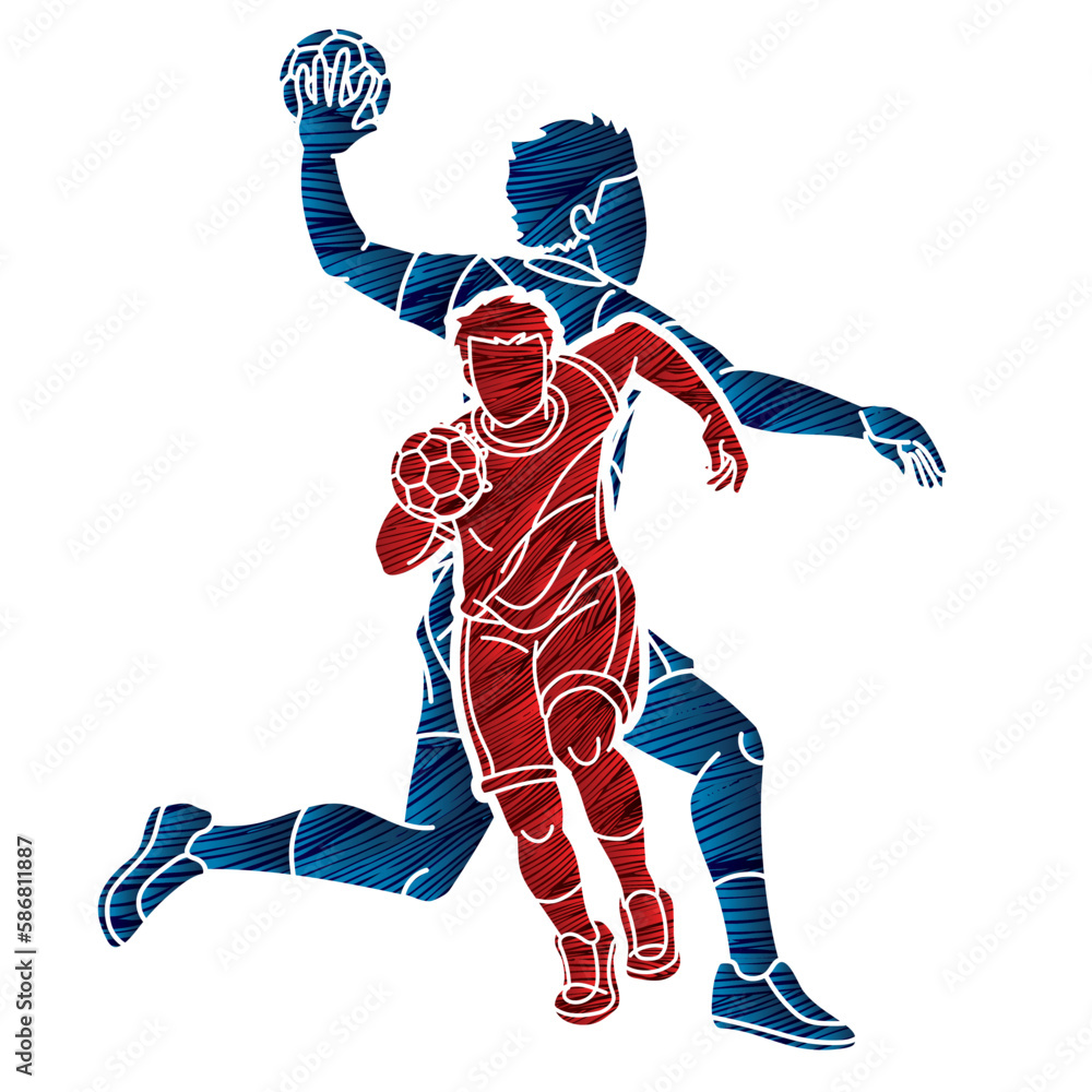 Obraz premium Group of Handball Sport Male Players Team Mix Action Cartoon Graphic Vector