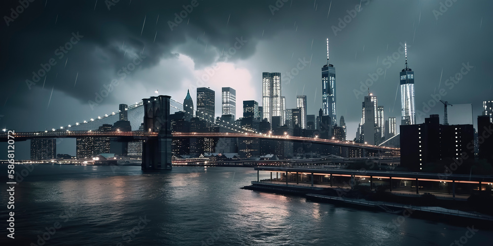 Fototapeta premium New York city under rainstorm photography. Generative AI