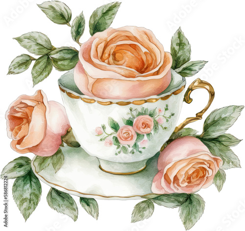 vintage cup of tea and roses watercolor