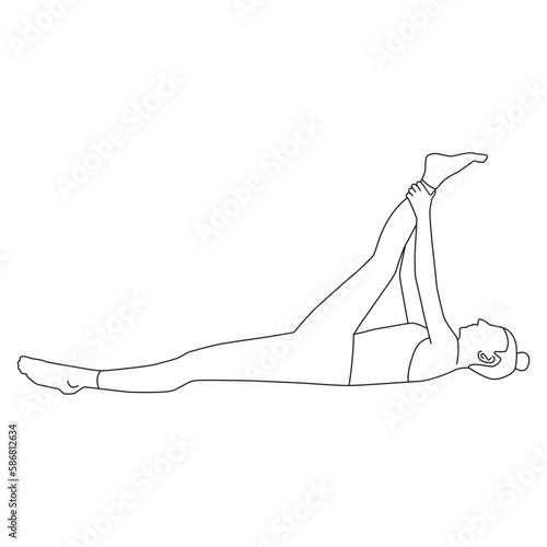 Line art of woman lying on the floor lifting one leg and pulling toward her chest vector.