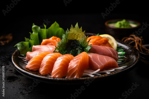 Sashimi: thin slices of raw fish or seafood served on a plate, typically accompanied by wasabi and soy sauce. Ai generated.
