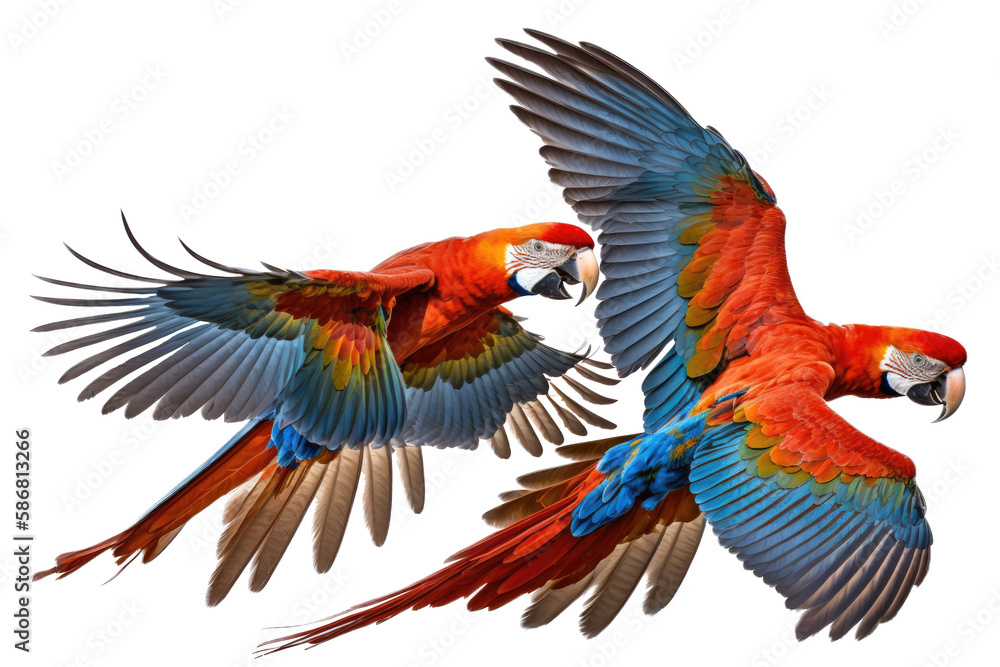 Obraz premium two Scarlet Macaws, flying with spread wings in a wildlife-themed, photorealistic illustration on a transparent background cutout in PNG. generative ai