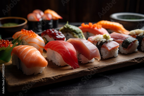 Close-up nigiri sushi. Ai generated.