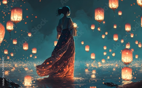 woman in dress standing on water against lanterns floating in a night sky, illustration painting, Generative AI