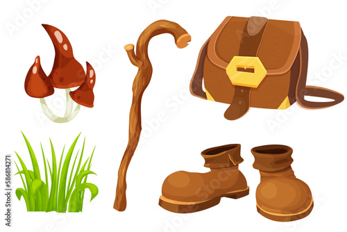 Set fairy forest with pair brown leather walking boots, grass, wooden stick, magic bag and mushrooms in cartoon style isolated on white background. Game element