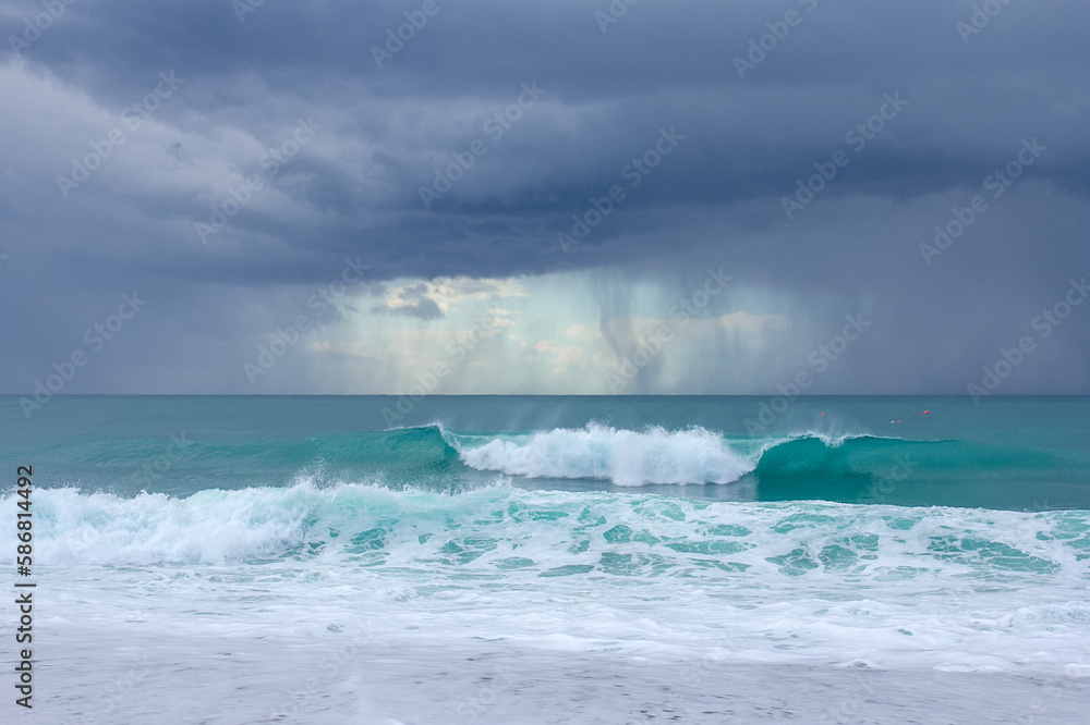 Big storm waves of Mediterranean sea on Alanya beach Turkey coast