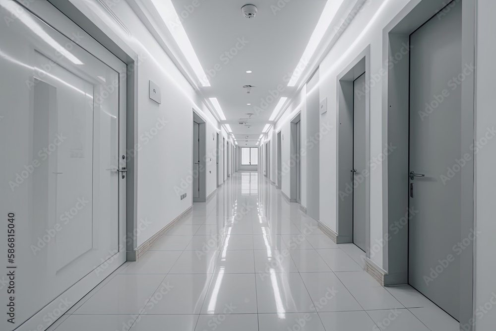 minimalist hallway with white walls and doors. Generative AI
