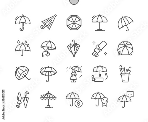 Umbrella. Rain protection. Umbrella stand. Pixel Perfect Vector Thin Line Icons. Simple Minimal Pictogram