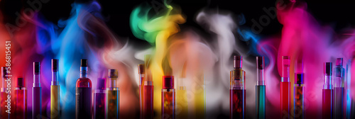 Vaping fruits covered in multicolor smoke. Background. Colorful vape. Widescreen. Created by Generative AI