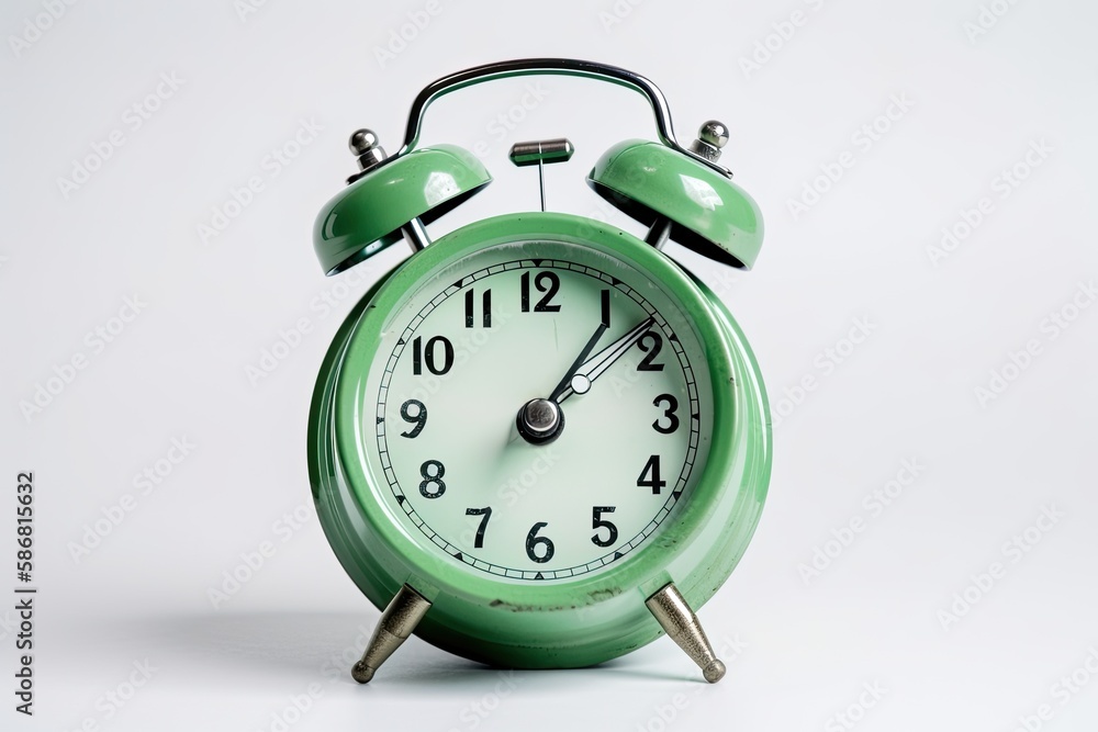green alarm clock on a wooden table in a bedroom. Generative AI green alarm clock on a wooden table in a bedroom. Generative AI