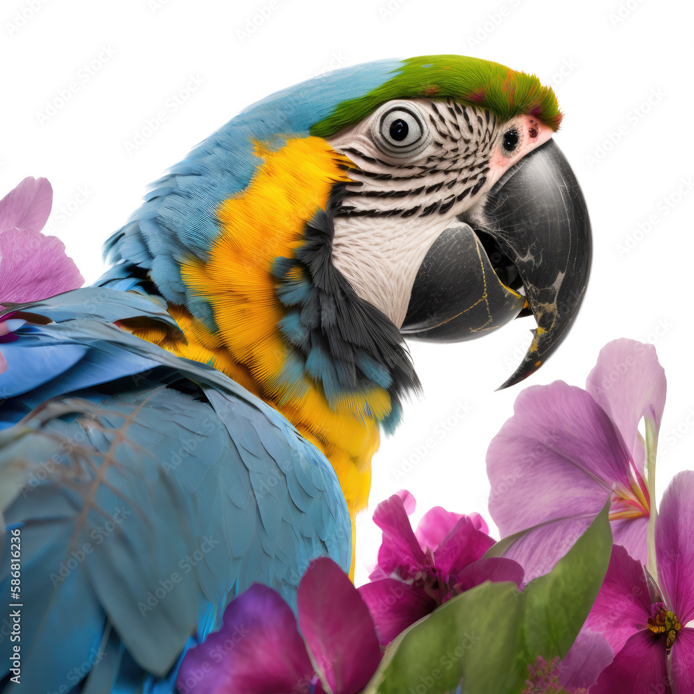 Obraz premium an island-themed photographic illustration of a blue, yellow and green parrot macaw with pink flowers on a transparent background in PNG. T-Shirt Design. Generative AI