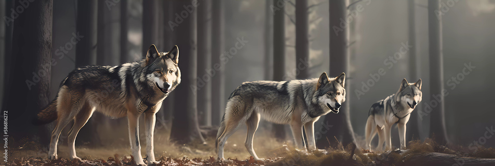 Wolve Pack in front of a forest. Highly detailed wolves. Nature Background. Wallpaper. Widescreen. Superwide. Created by Generative AI - obrazy, fototapety, plakaty 