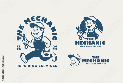Mechanic Man, Handyman, Repairman Logo for Service, Repair or Maintenance Logo. Vintage Cartoon Mascot. photo
