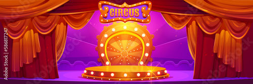 Cartoon circus interior design. Vector illustration of theater arena with bright illumination, red drapery curtains, sparkling round golden podium for entertainment show. Amusement festival stage