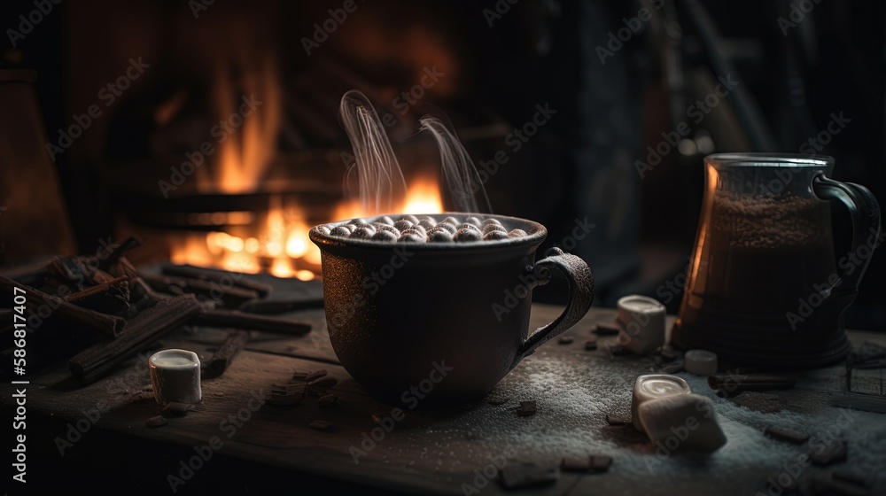 Hot chocolate with marshmallows in front of a fireplace in winter.Generative Ai Hot chocolate with marshmallows in front of a fireplace in winter.Generative Ai