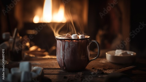 Hot chocolate with marshmallows in front of a fireplace in winter.Generative Ai