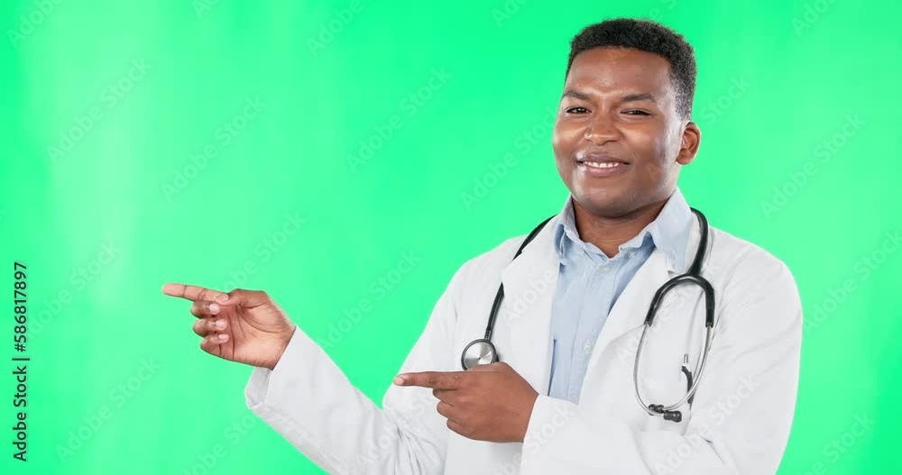 Doctor, smile and black man pointing to green screen in studio isolated on a background mockup. Face portrait, healthcare professional and happiness for advertising, marketing or product placement. Doctor, smile and black man pointing to green screen in studio isolated on a background mockup. Face portrait, healthcare professional and happiness for advertising, marketing or product placement.
