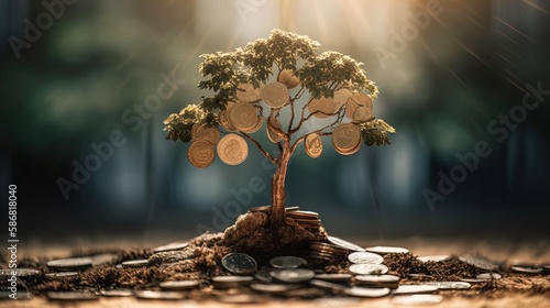 Financial Growth Concept of a Money Tree: Tree Sprouting from Money Coins in 8K created with generative ai technology