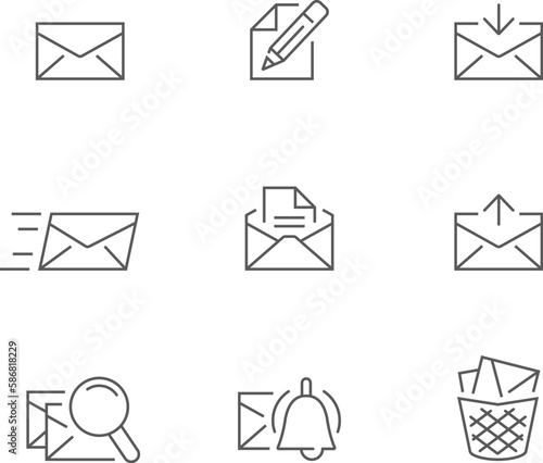 Mail outline icon set. Vector set contains envelope, mail, sending, inbox, searching and more. Editable stroke
