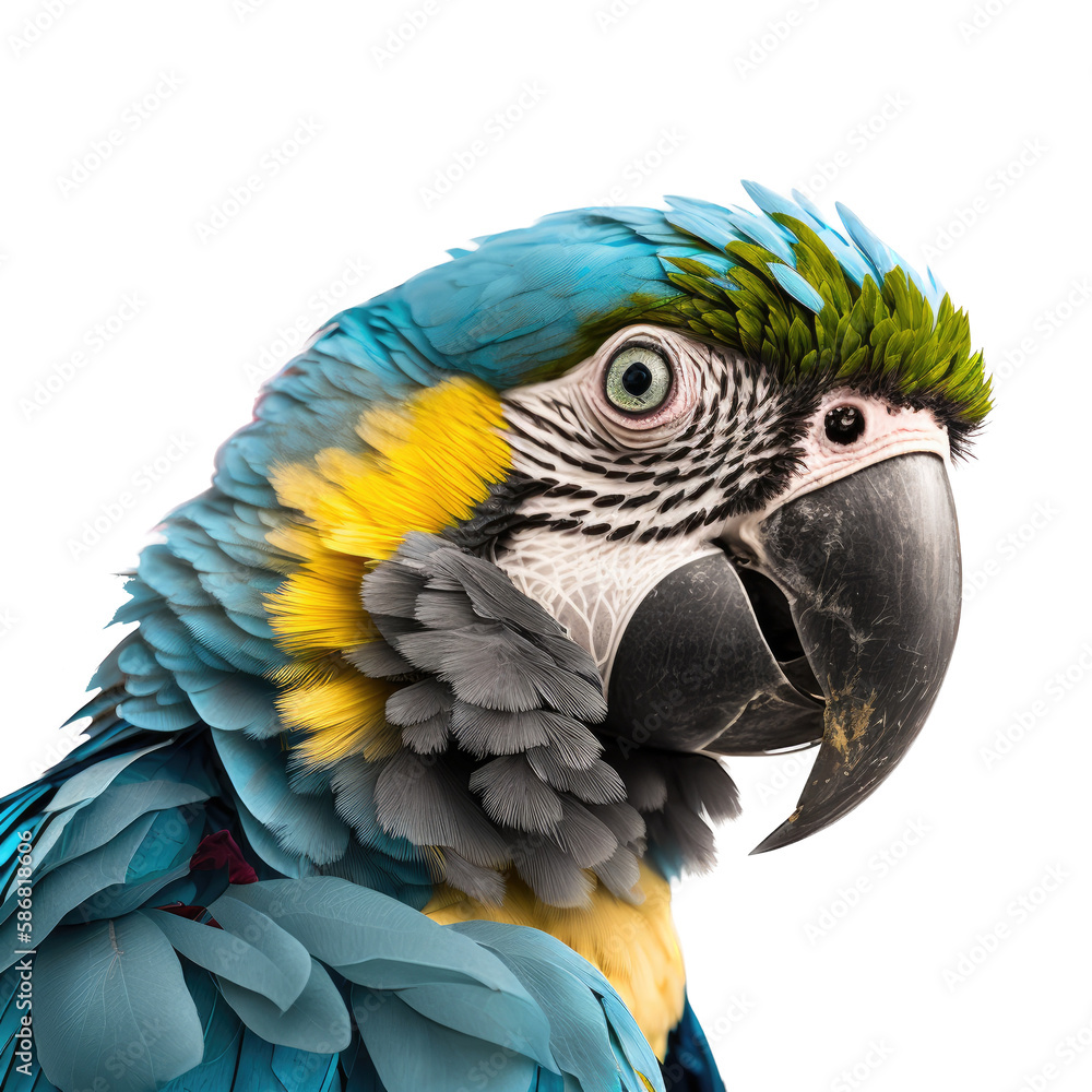 Fototapeta premium a Blue and Gold Macaw portrait, cheeky and fun, in wildlife-themed, photorealistic illustrations on a transparent background cutout in PNG. Generative AI