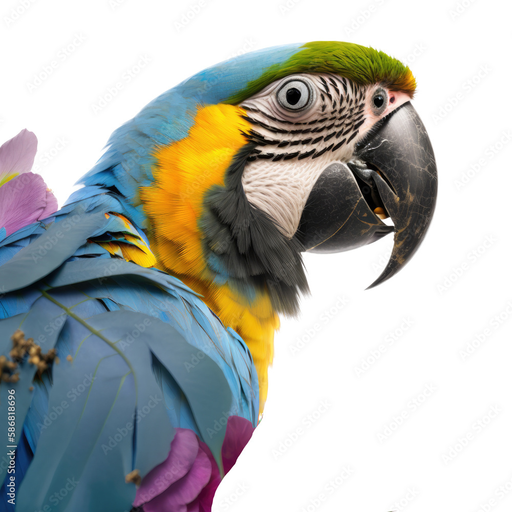 Obraz premium an island-themed photographic illustration of a blue, yellow and green parrot macaw with pink flowers on a transparent background in PNG. T-Shirt Design. Generative AI