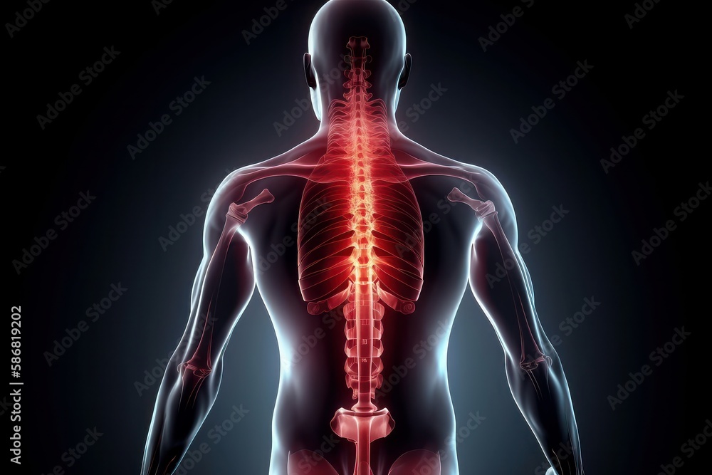 man with back pain, sports injury and fitness, spine xray and anatomy with red overlay, medical