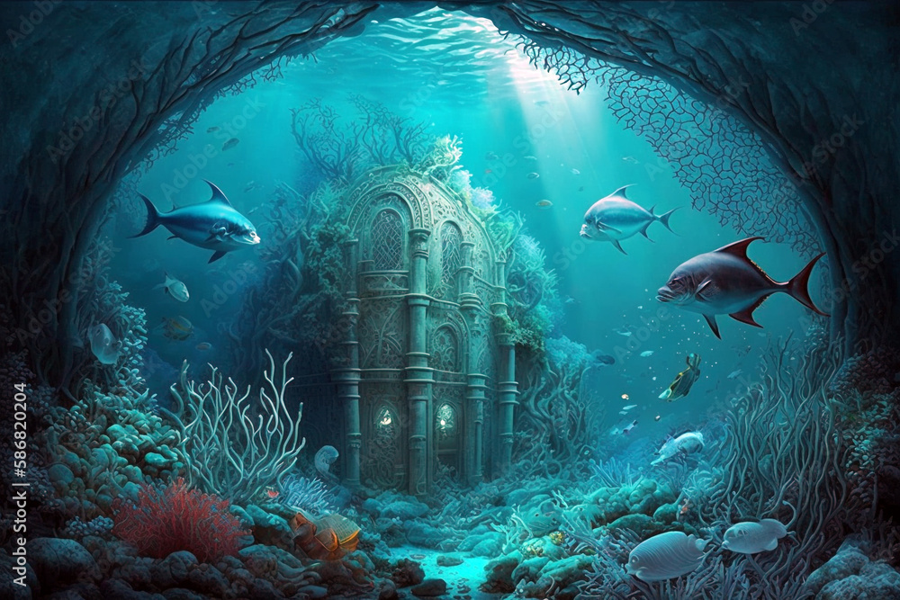 Fototapeta premium Underwater kingdom, a wonder and mystery under the sea. Generative ai illustration