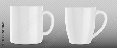 White cup mockup template design. 3d tea or coffee porcelain mug with handle vector mock up. Realistic side view office teacup illustration for corporate branding or advertising with reflection.